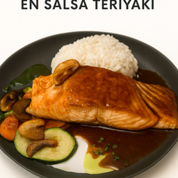 Salmón en salsa teriyaki acompañado de arroz blanco y verduras salteadas al Wok